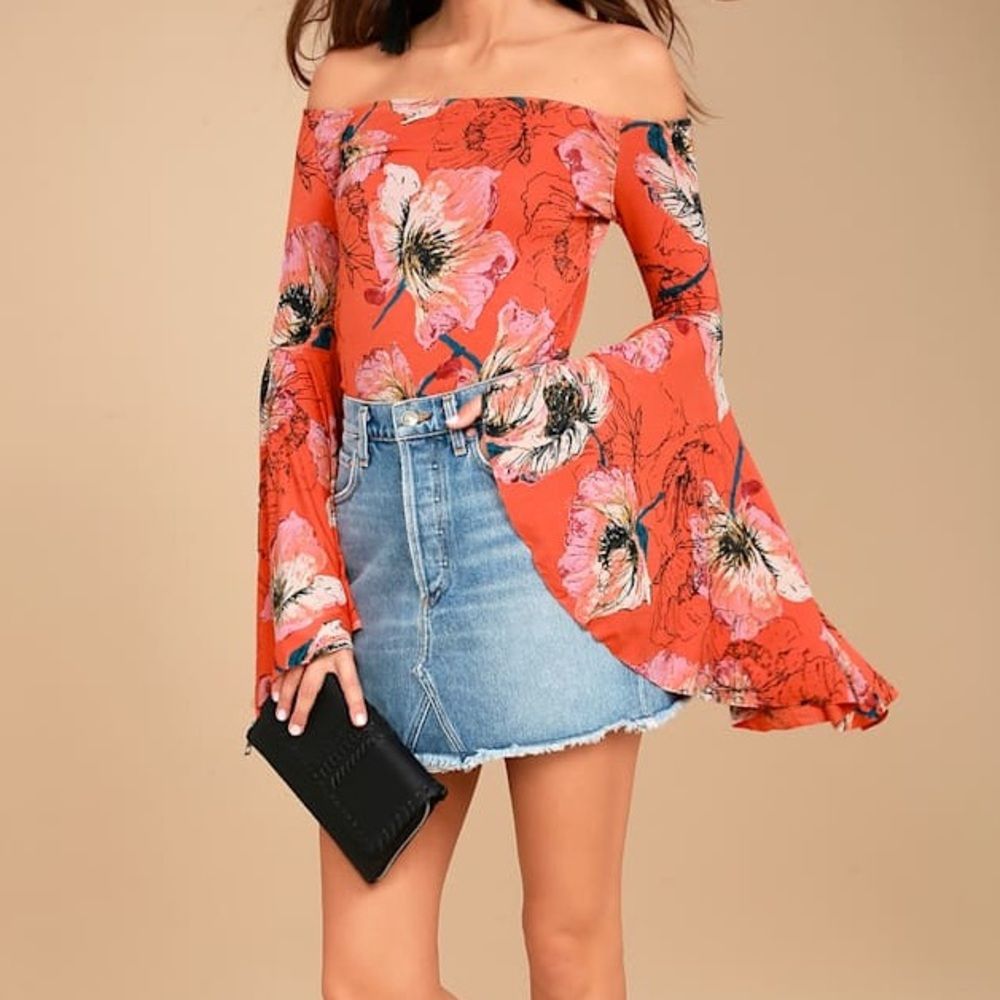 Free People Coral Orange Birds Of Paradise Boho Floral Print Top Size Medium